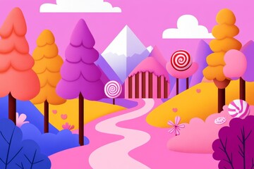 Fototapeta premium A cartoonish drawing of a forest with a candy shop in the middle, pixel art 8 bit