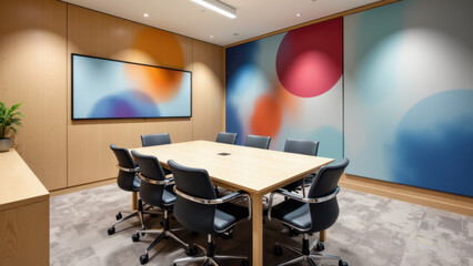 A modern conference room featuring a large table with chairs, a vibrantly colored wall with acoustic panels, and a professional atmosphere.