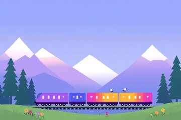 A train is traveling through a mountain range with a beautiful, serene landscape, pixel art 8 bit