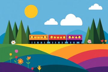 A colorful train is traveling through a lush green field, pixel art 8 bit