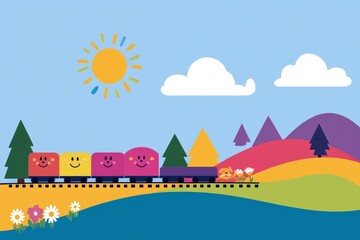 A cartoon train with smiling faces on the cars is traveling down a track, pixel art 8 bit