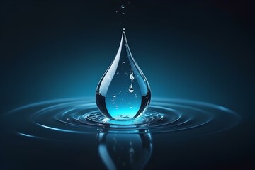 close-up view of a perfectly symmetrical water droplet creating ripples on a dark blue reflective surface, representing calmness and precision