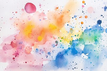 Vibrant watercolor splash with rainbow hues and droplets.