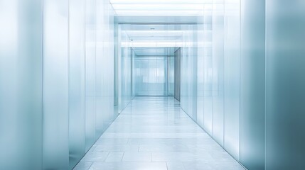 Obraz premium Minimalistic modern hallway with sleek glass walls and clean white floors, illuminated by soft natural and artificial light, creating a serene, futuristic atmosphere.