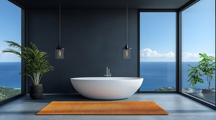 Fototapeta premium Porcelain tiles for bathrooms create a modern and elegant space. This serene bathroom features stunning views, natural light, and stylish decor, perfect for relaxation.
