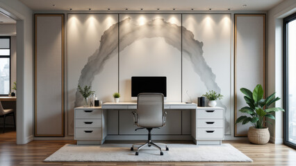 Spacious office with a large white desk featuring an acoustic panel behind it, providing a modern workspace environment.