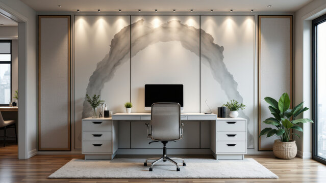Spacious office with a large white desk featuring an acoustic panel behind it, providing a modern workspace environment.