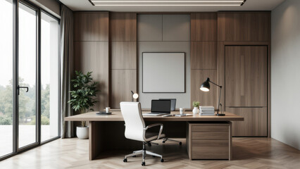 Fototapeta premium Modern office space with an acoustic paneled desk and a view of trees outside the window.