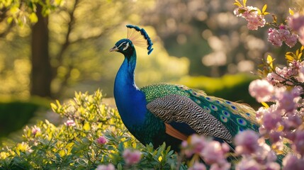 Obraz premium A peacock displaying its vibrant feathers in a garden filled with spring blossoms and soft dappled light