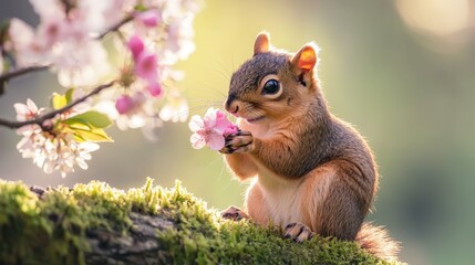 Obraz premium A squirrel holding a pink cherry blossom while sitting on a mossy tree branch in soft spring morning light