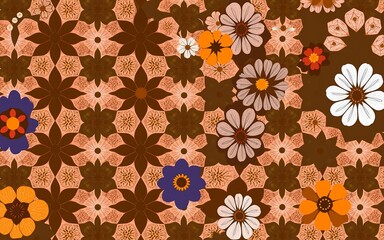 Vintage retro floral pattern. Peach orange brown white blue flowers create a delightful design.