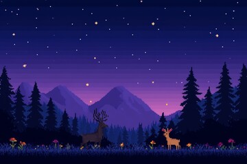 A computer generated image of two deer in a forest at night, pixel art 8 bit
