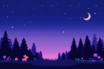 Naklejka premium A computer generated image of a forest at night with a rabbit and a deer, pixel art 8 bit