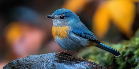 Naklejka premium A vibrant blue and orange bird perched on a rock amidst a blurred, colorful natural background, showcasing the beauty of avian wildlife in its natural habitat