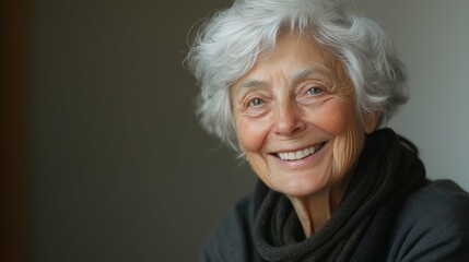 Fototapeta premium Portrait of a smiling elderly woman with silver hair, soft indoor lighting, blurred neutral background, timeless and serene expression,