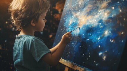 Obraz premium child focused on painting a starry sky on a canvas with acrylics, bright indoor setting, imaginative and vibrant artistic scene