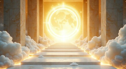 Golden stairway leading to a bright, ethereal light amidst clouds. Concept for spiritual awakening, enlightenment, and transcendence in new age spirituality