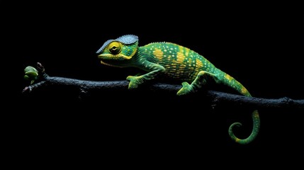 Fototapeta premium A vibrant chameleon clinging to a branch, its skin transitioning between bright green and yellow, ,