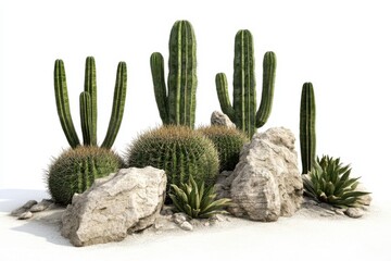 Distinct clusters of green cactus plants with thick spiky stems and growing from sandy or rocky soil