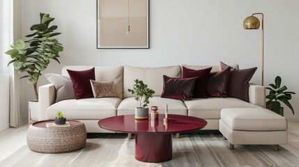 Naklejka premium Contemporary living room mockup featuring trendy maroon coffee table, beige sectional, burgundy throw pillows, brass floor lamp, minimal plants, sophisticated decor, chic home design
