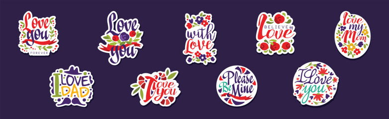 Love Lettering Sticker and Badges with Flowers Vector Set