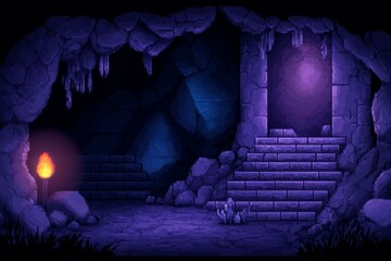 A dark cave with a torch and a stone staircase leading to a door, pixel art 8 bit