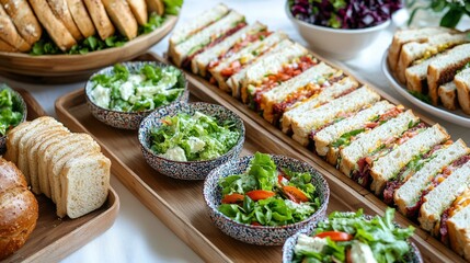 delightful corporate event morning tea setup featuring self-serve sandwiches on tiered wooden platters. The table is adorned with vibrant salads in ceramic bowls and an assortment of breads displayed