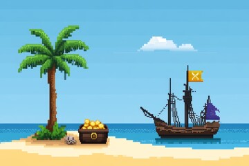 A pirate ship sails in the ocean near a palm tree, pixel art 8 bit