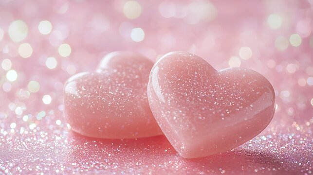 Two soft pink hearts delicately placed on shimmering pink background showcasing tenderness associated with love