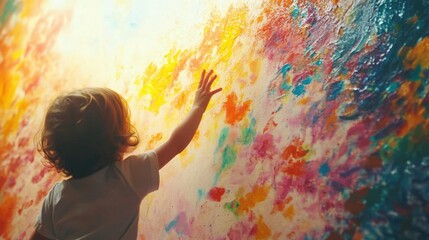 Obraz premium child using finger paints on a large canvas, vibrant splashes of color, soft sunlight, playful and imaginative activity