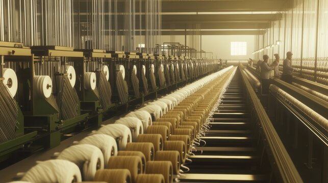 Textile mill with rows of spinning machines converting cotton into yarn, featuring neatly wound spools and workers monitoring the production process in an organized industrial setting.