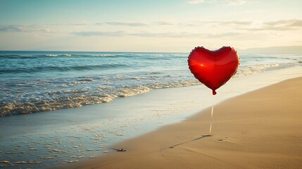 Fototapeta premium One elegant heart-shaped balloon floating gently over pristine sandy beach in sunlight, evoking feelings romance and