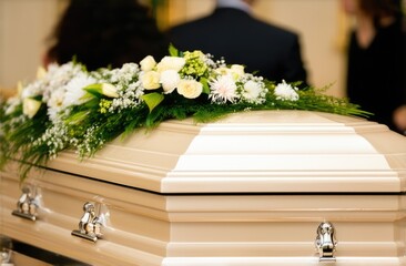 wooden coffin with flowers on the lid . Funeral farewell ceremony and burial. Close-up