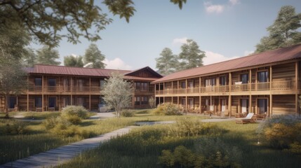 Obraz premium Rustic wooden lodge complex nestled in a verdant courtyard, surrounded by trees.