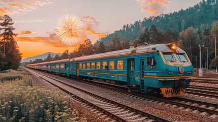 Obraz premium Scenic Train Journey at Sunset with Fireworks.
