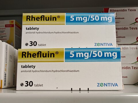 Prague,Czech Republic-October 9 2024: Rhefluin contains INDAPAMIDE and AMILORIDE, used to treat high blood pressure and reduce fluid retention in patients with hypertension or edema.

