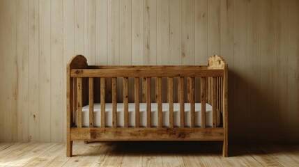 A rustic wooden baby crib stands in a warm, cozy room with wood-paneled walls and a wooden floor, emphasizing a natural, comforting atmosphere