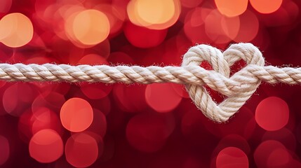 A white rope tied into a heart-shaped knot set against a red bokeh background, symbolizing commitment in marriage or romantic partnerships