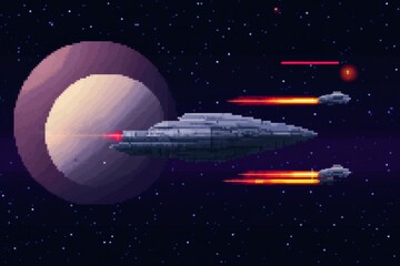A space ship is flying through space with a planet in the background, pixel art 8 bit