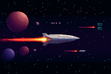 A space ship is flying through space with a red fire trail behind it, pixel art 8 bit