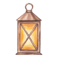 Brown lantern with glowing candle inside. Winter holiday symbol, Christmas decor. Attribute of Scandinavian gnomes. Kerosene Lamp. Handdrawn watercolor illustration isolated on white background © AnNiStok