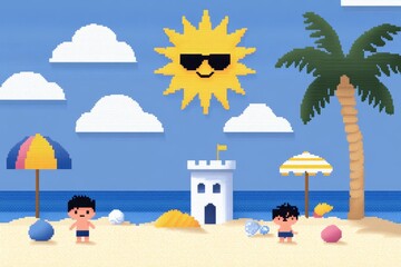 Obraz premium A cartoon of a beach with two children playing in the sand and a palm tree, pixel art 8 bit