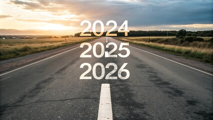 New year 2025 or straight concept. Text 2024, 2025, 2026 written on the road in the middle of the road. Planning concept. Goals. New year 2025 challenge., JPG, AI GENERATED