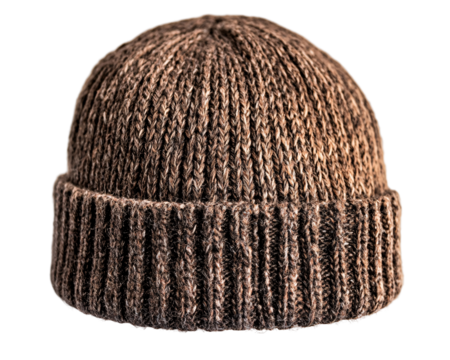 a brown knit hat with a white background