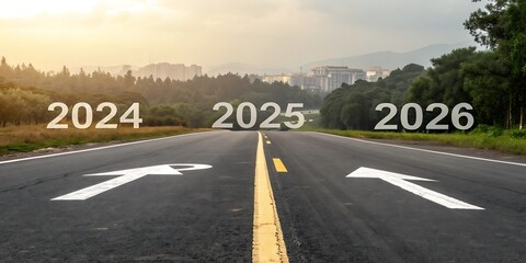 New year 2025 or straight concept. Text 2024, 2025, 2026 written on the road in the middle of the road. Planning concept. Goals. New year 2025 challenge., JPG, AI GENERATED