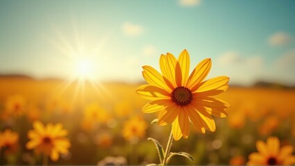Obraz premium Sunflower in focus with a field of sunflowers and sunrise in the background, vibrant colors, nature's beauty. Generative, AI,
