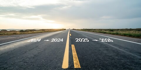 New year 2025 or straight concept. Text 2024, 2025, 2026 written on the road in the middle of the road. Planning concept. Goals. New year 2025 challenge., JPG, AI GENERATED
