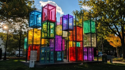 Fototapeta premium Colorful Glass Cube Installation in a Park