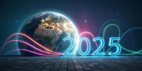 Obraz premium An innovative design and bright colors envision a futuristic world in 2025 in this artwork. JPG, AI GENERATED