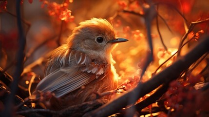 Small bird sitting on a branch with a beautiful sunset in the background